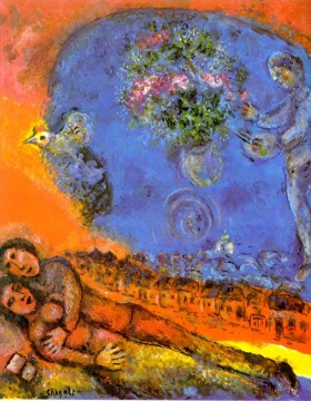  chagall - Couple sur fond rouge contemporain Marc Chagall